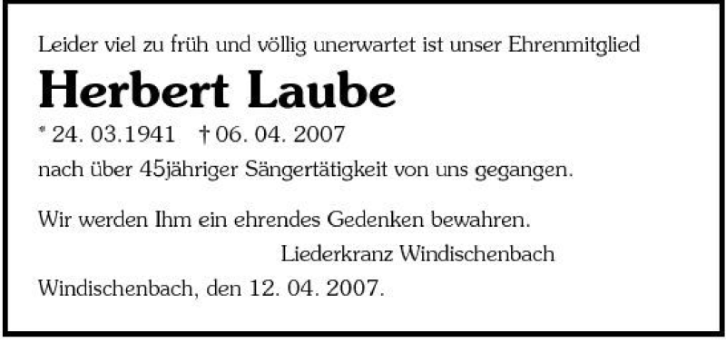 Traueranzeige für Herbert Laube vom 12.04.2007 aus 