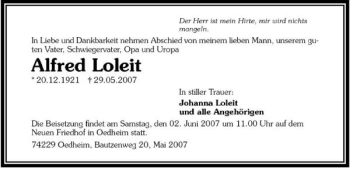 Traueranzeige von Alfred Loleit 