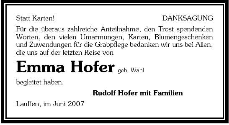  Traueranzeige für Emma Hofer vom 04.06.2007 aus 