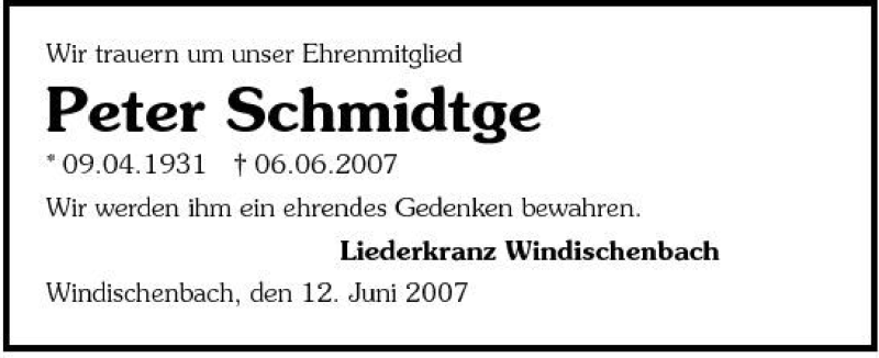  Traueranzeige für Peter Schmidtge vom 12.06.2007 aus 