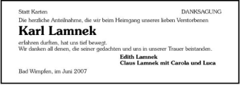 Traueranzeige von Karl Lamnek 