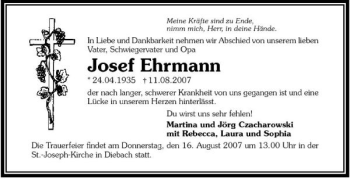 Traueranzeige von Josef Ehrmann 