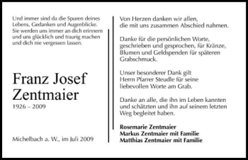 Traueranzeige von Franz Josef Zentmaier 
