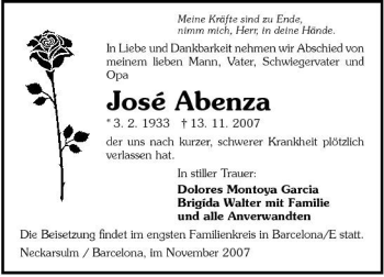 Traueranzeige von Jose Abenza 