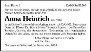 Traueranzeige von Anna Heinrich 