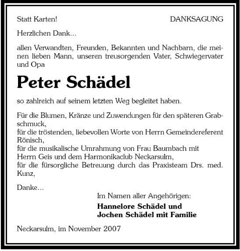  Traueranzeige für Schädel. Peter vom 01.12.2007 aus 
