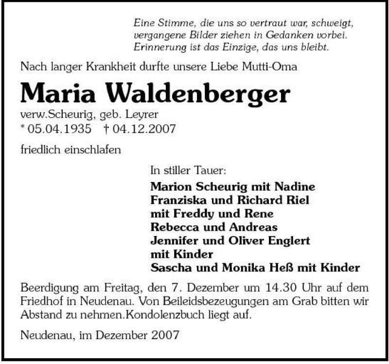  Traueranzeige für Maria Waldenberger vom 06.12.2007 aus 