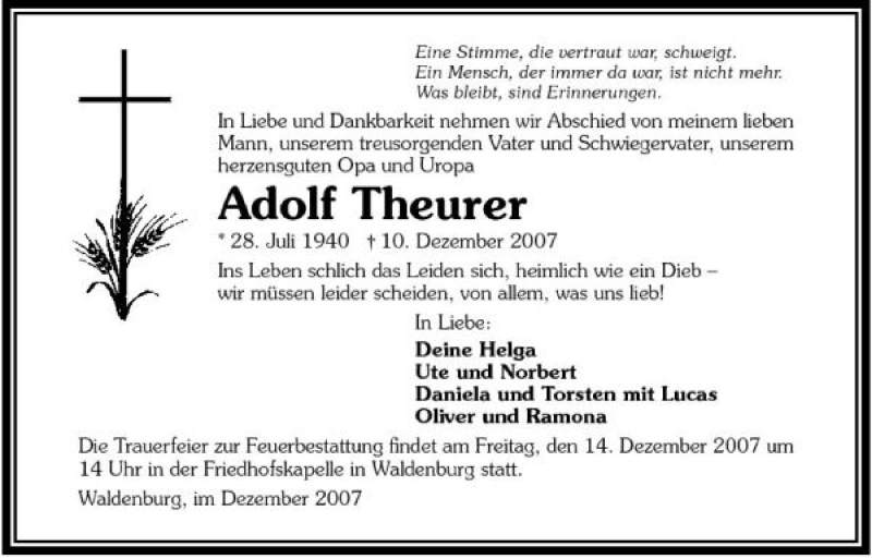  Traueranzeige für Adolf Theurer vom 12.12.2007 aus 
