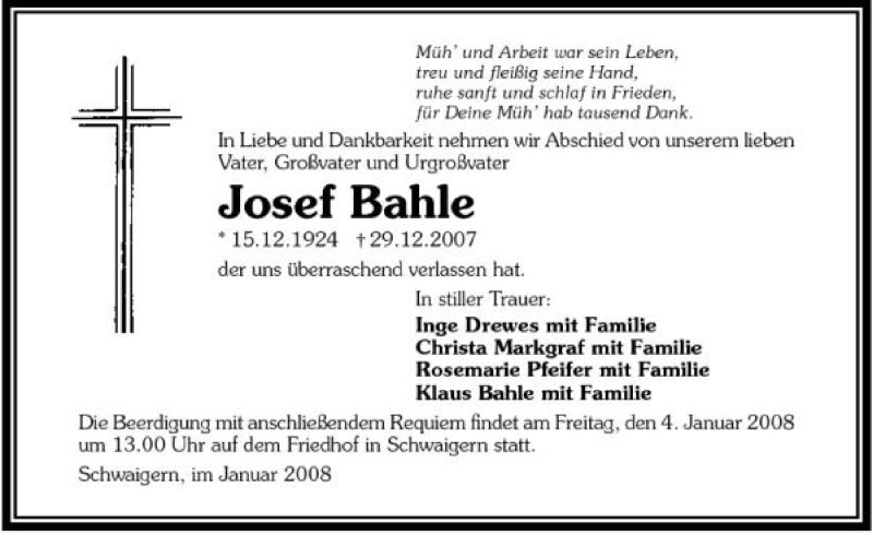  Traueranzeige für Josef Bahle vom 03.01.2008 aus 