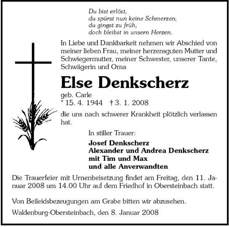  Traueranzeige für Else Denkscherz vom 08.01.2008 aus 