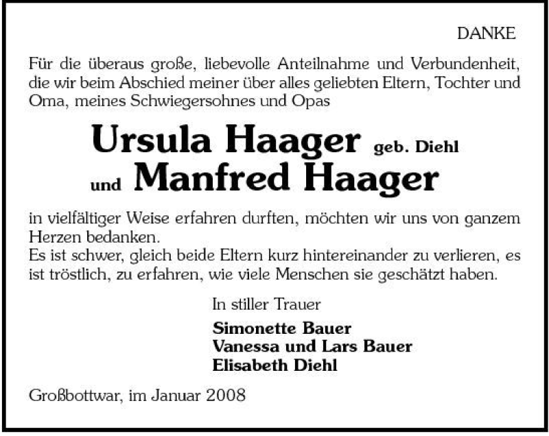  Traueranzeige für Ursula und Manfred Haager vom 09.01.2008 aus 