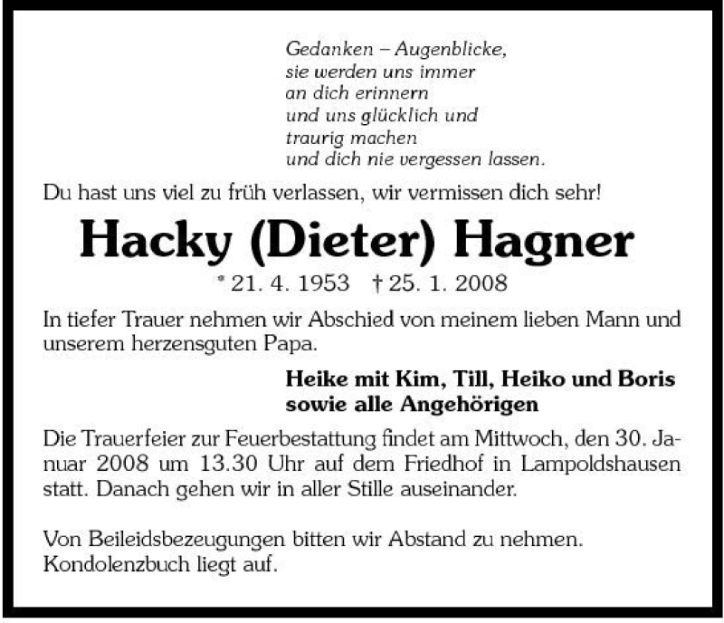  Traueranzeige für Deiter Hagner vom 29.01.2008 aus 