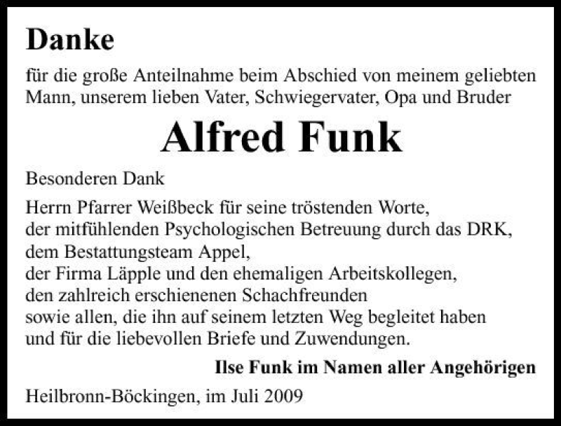  Traueranzeige für Alfred Funk vom 18.07.2009 aus 