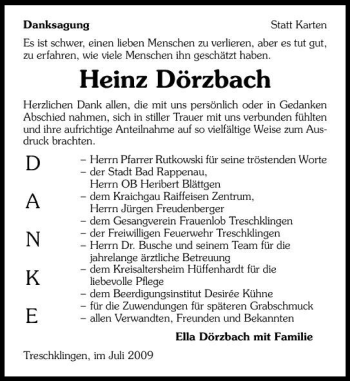 Traueranzeige von Heinz Dörzbach 