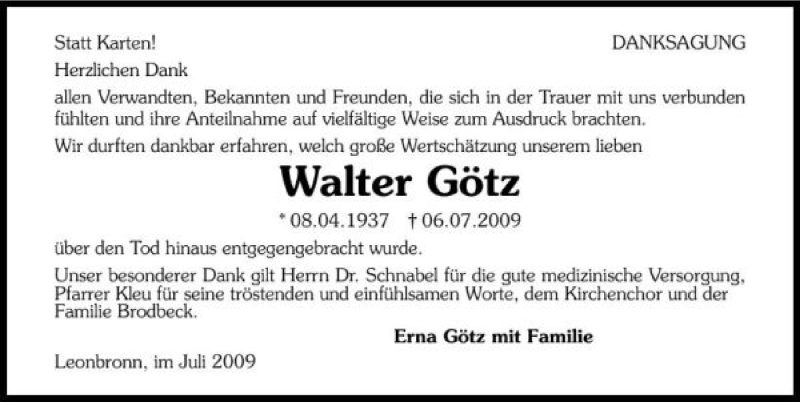  Traueranzeige für Walter Götz vom 18.07.2009 aus 