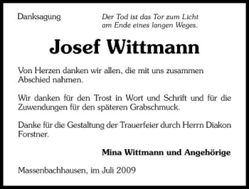 Traueranzeige von Josef Wittmann 