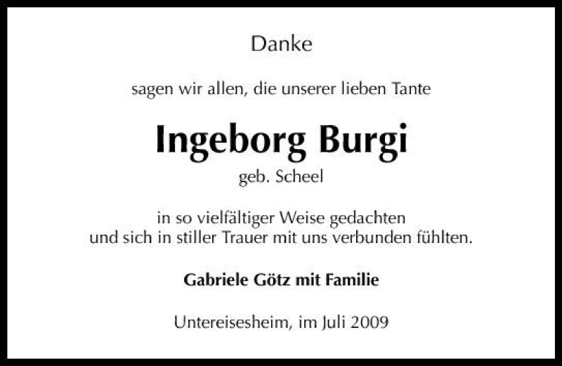  Traueranzeige für Ingeborg Burgi vom 22.07.2009 aus 