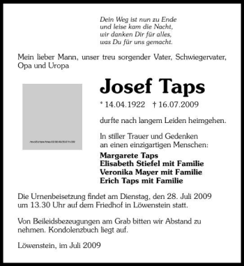 Traueranzeige von Josef Taps 