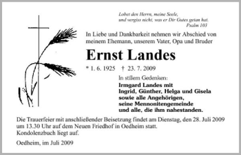 Traueranzeige von Ernst Landes 