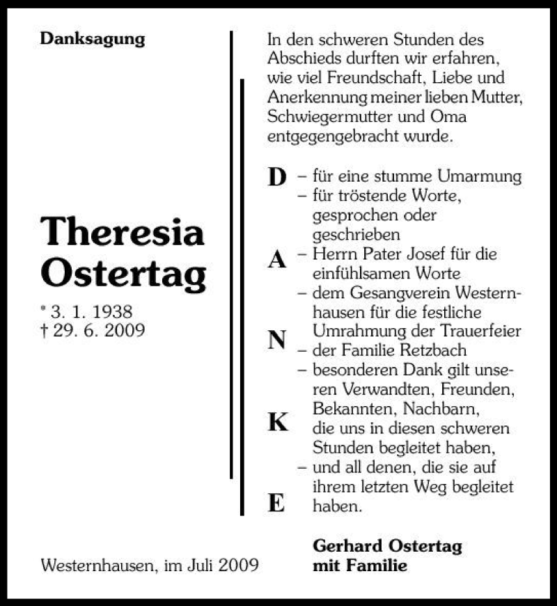  Traueranzeige für Theresia Ostertag vom 28.07.2009 aus 