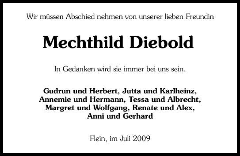  Traueranzeige für Mechthild Diebold vom 30.07.2009 aus 