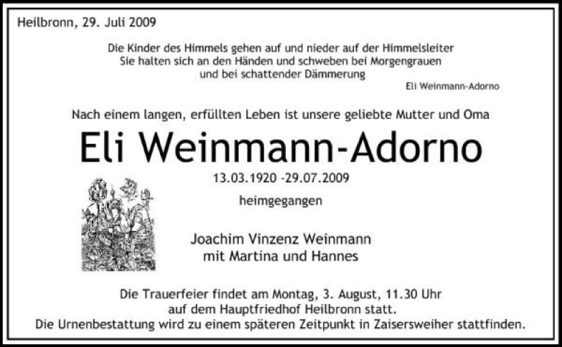  Traueranzeige für Eli Weinmann-Adorno vom 31.07.2009 aus 
