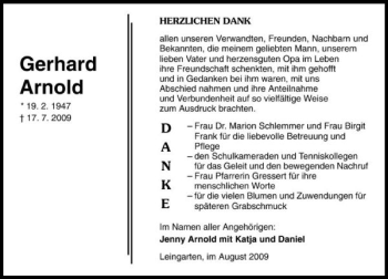 Traueranzeige von Gerhard Arnold 