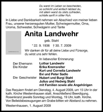 Traueranzeige von Anita Landwehr 