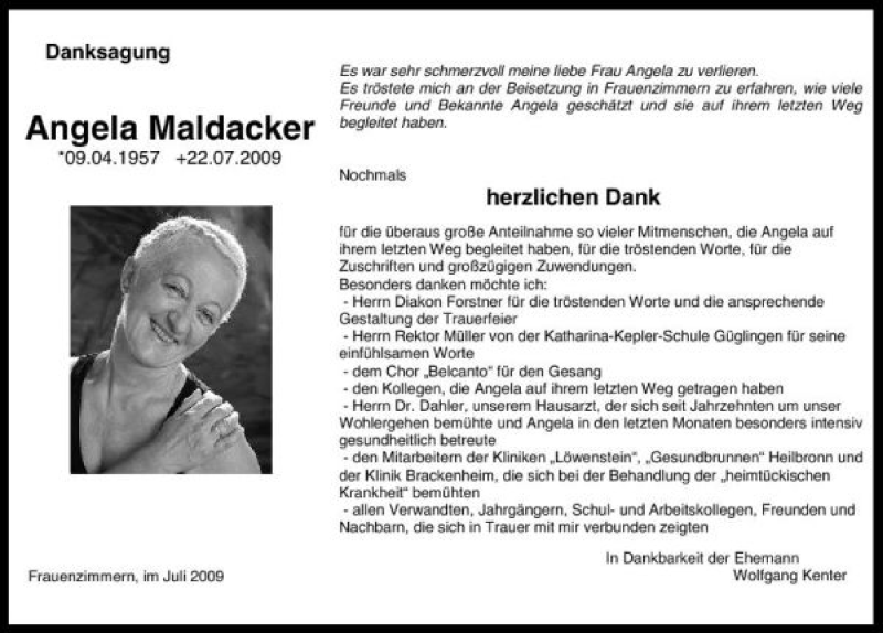  Traueranzeige für Angela Maldacker vom 04.08.2009 aus 