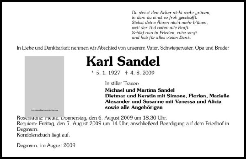  Traueranzeige für Karl Sandel vom 06.08.2009 aus 