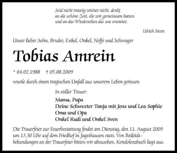 Traueranzeige von Tobias Amrein 