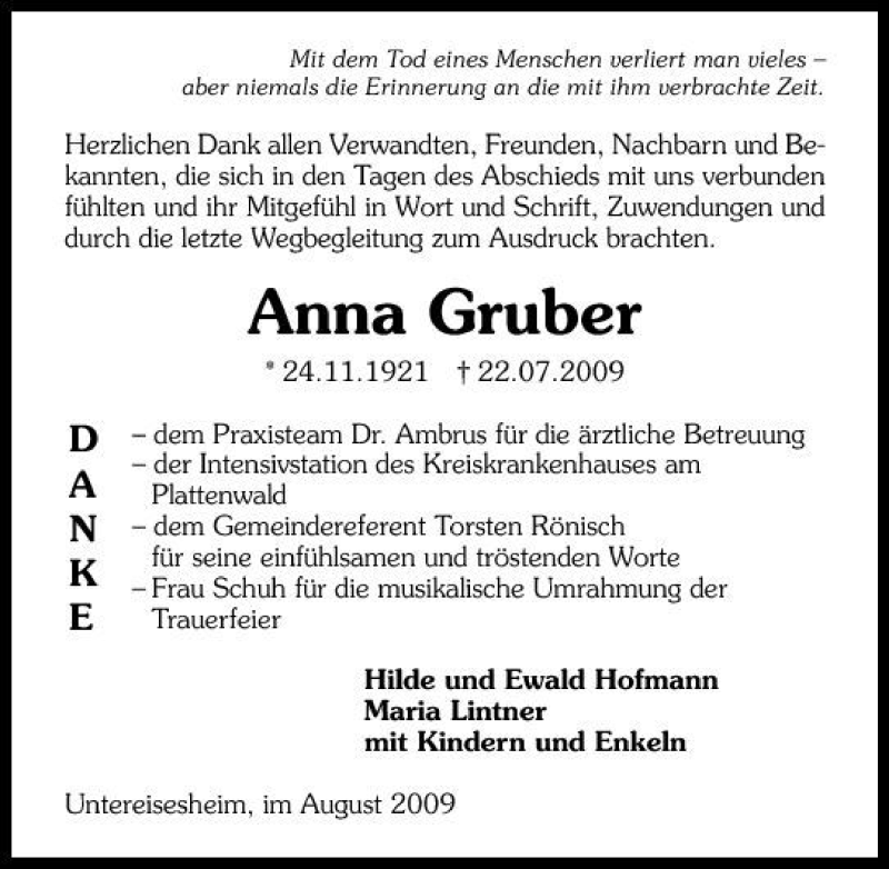  Traueranzeige für Anna Gruber vom 15.08.2009 aus 