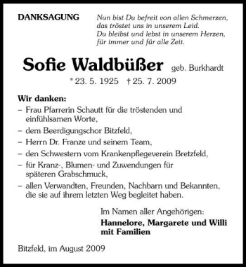 Traueranzeige von Sofie Waldbüßer 