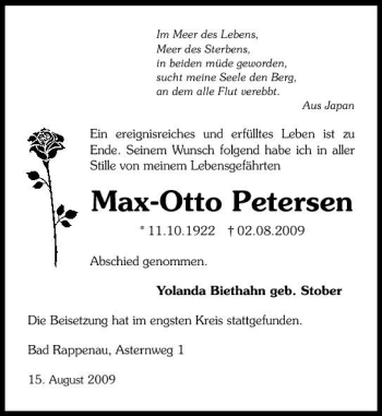 Traueranzeige von Max-Otto Petersen 