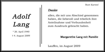 Traueranzeige von Adolf Lang 