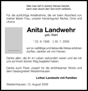 Traueranzeige von Anita Landwehr 
