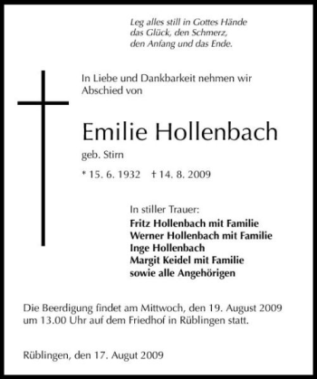 Traueranzeige von Emilie Hollenbach 