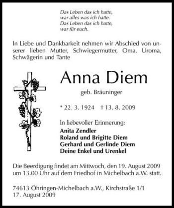 Traueranzeige von Anna Diem 