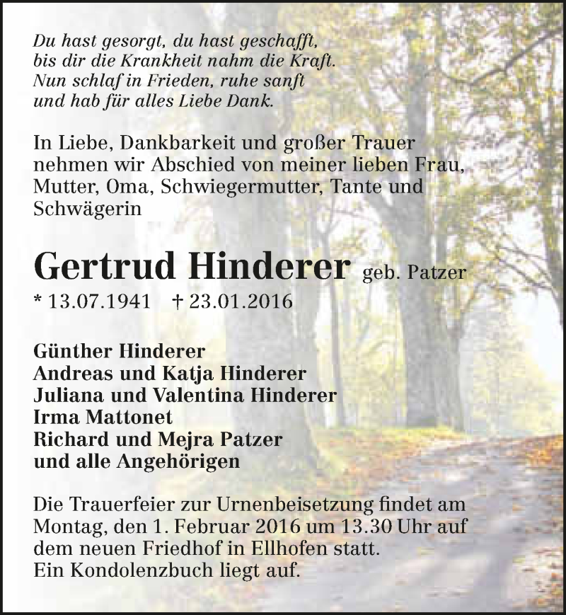  Traueranzeige für Gertrud Hinderer vom 27.01.2016 aus 
