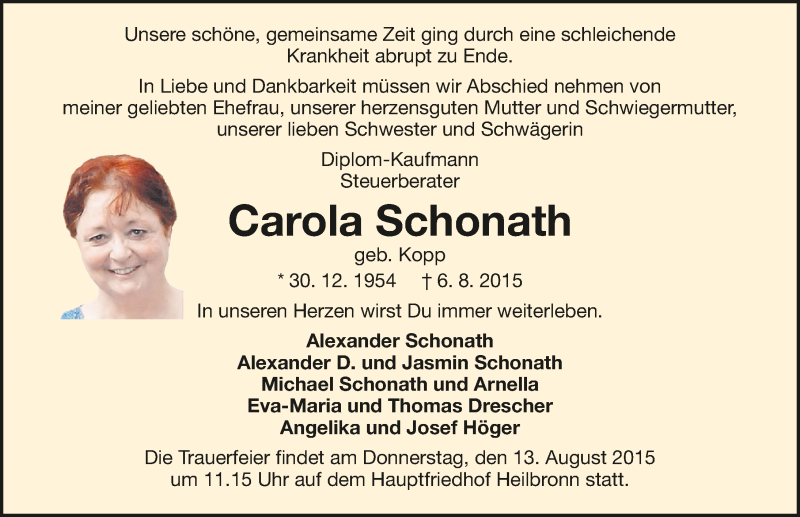  Traueranzeige für Carola Schonath vom 10.08.2015 aus 