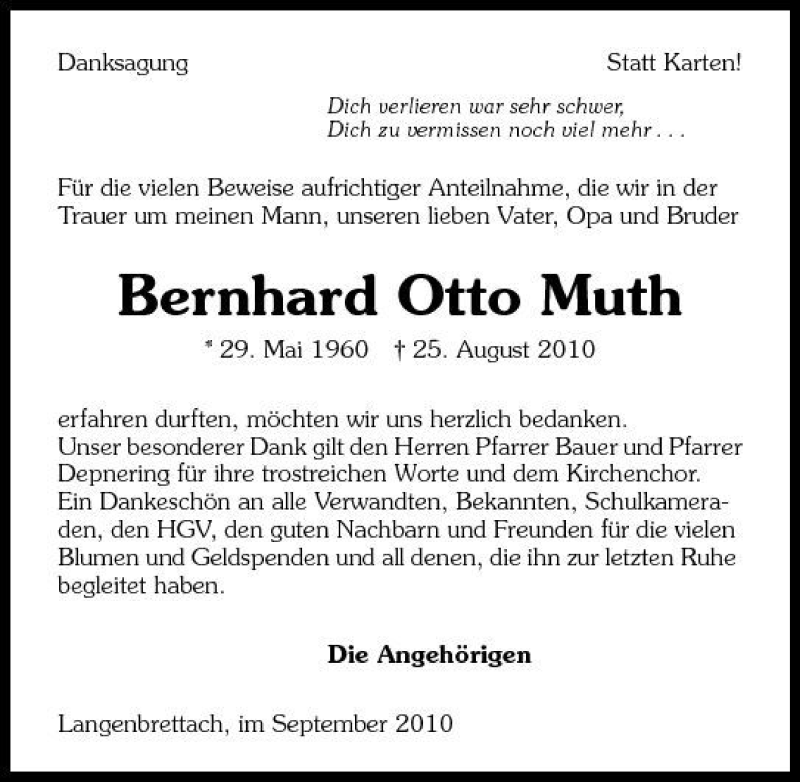  Traueranzeige für Bernhard Otto Muth vom 16.09.2010 aus 
