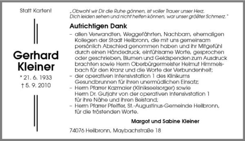  Traueranzeige für Gerhard Kleiner vom 16.09.2010 aus 