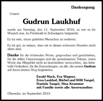 Traueranzeige von den 11.09. Danksagung Unsere Gudrun Laukhuf wurde am Samstag 