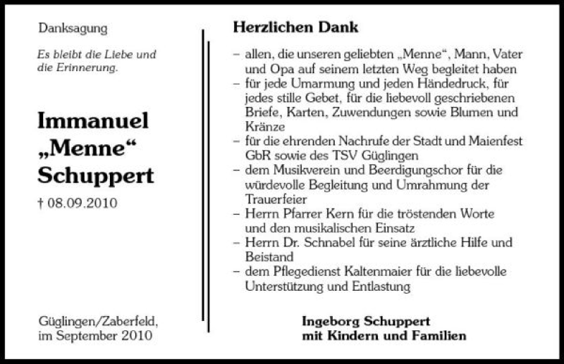  Traueranzeige für Immanuel Schuppert vom 23.09.2010 aus 