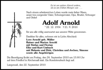 Traueranzeige von Adolf Arnold 