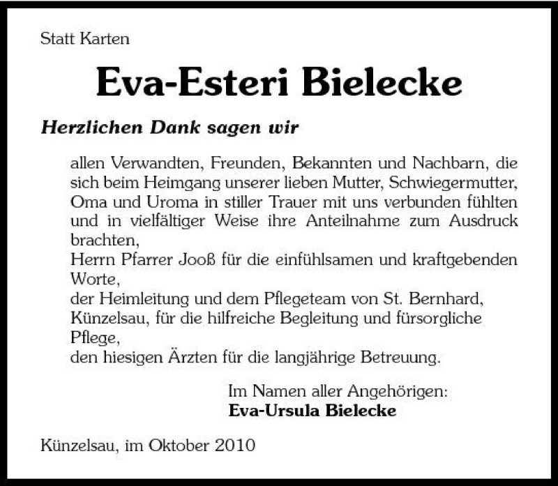  Traueranzeige für Eva-Esteri Bielecke vom 02.10.2010 aus 