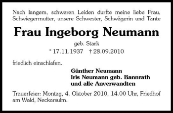 Traueranzeige von Ingeborg Neumann 