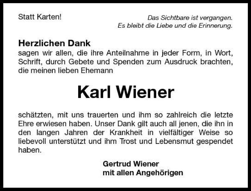  Traueranzeige für Karl Wiener vom 11.10.2010 aus 