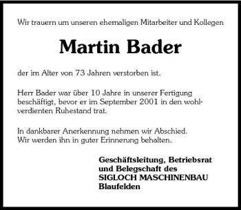 Traueranzeige von Martin Bader 