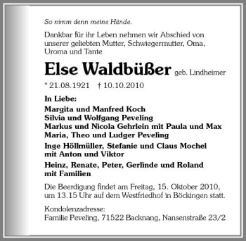 Traueranzeige von Else Waldbüßer 